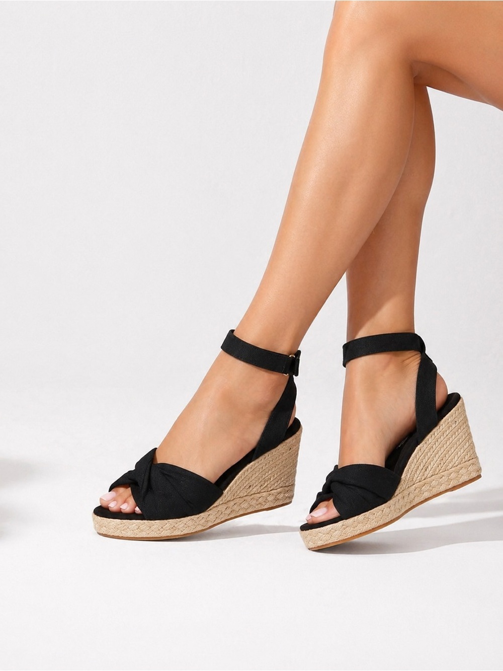 TOMS Marisela Women's Black Slubby Woven Twist Wedge  Sandals Size 7